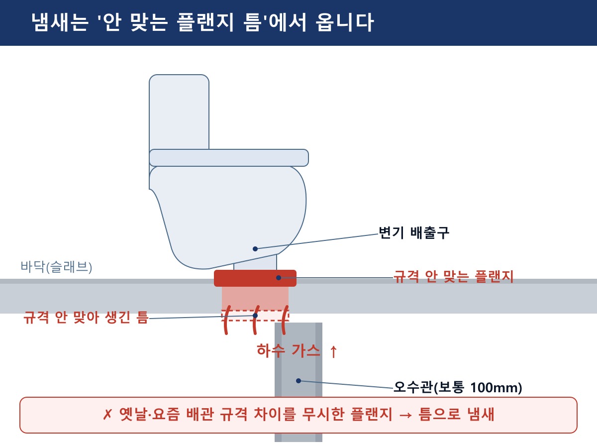 반대로 옛날·요즘 배관 규격 차이를 고려하지 않은 '안 맞는 플랜지'를 쓰면, 플랜지와 배관 사이가 헐거워 작은 틈이 남습니다. 그 틈으로 하수 가스가 새어 올라와, 변기와 타일이 새것이어도 냄새가 납니다. (단면 그림)