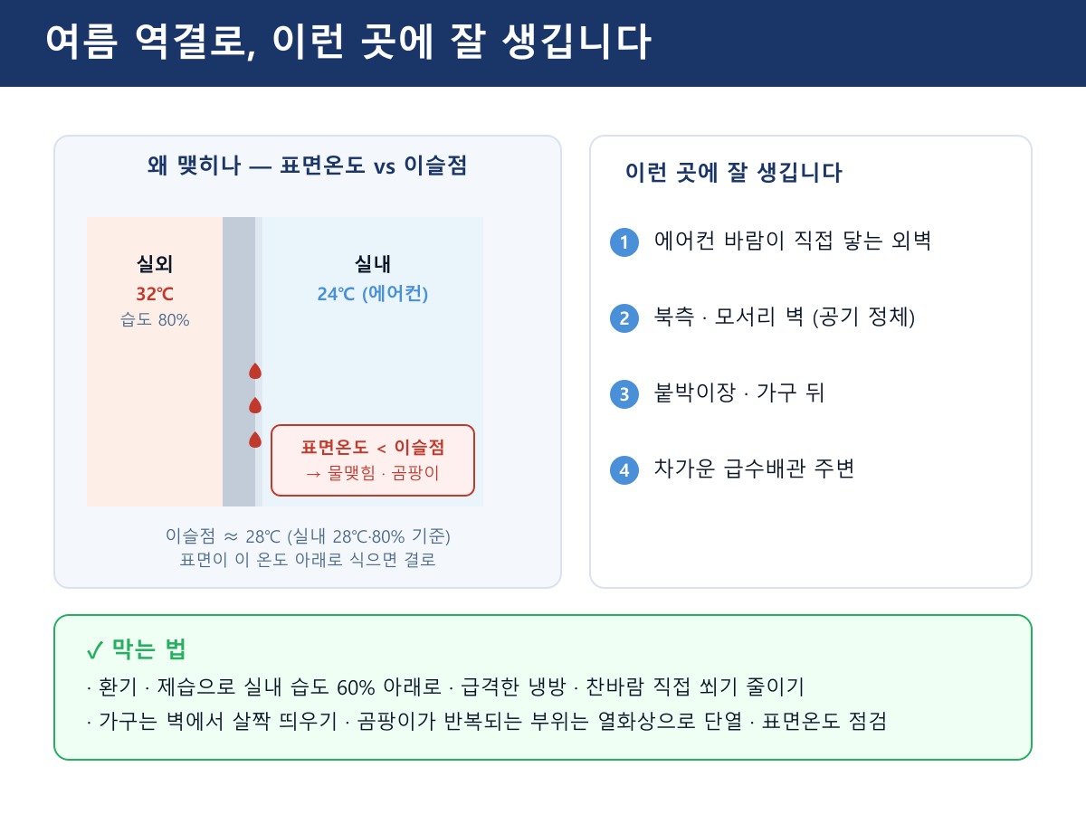 표면온도가 이슬점보다 낮아지는 곳에 결로가 생깁니다. 에어컨이 닿는 외벽·모서리·가구 뒤가 대표적이고, 환기·제습과 열화상 점검으로 줄일 수 있습니다. (단면 그림)