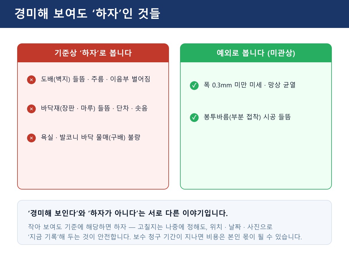 경미해 보여도 공식 기준상 '하자'로 보는 것들 — 도배 들뜸·이음부 벌어짐, 바닥재 들뜸·단차, 욕실 물매 불량. 반대로 아주 가는 미세 균열이나 봉투바름 들뜸은 예외로 봅니다. (이해를 돕기 위한 정리 그림)