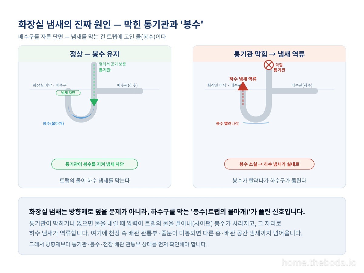 배수구를 자른 단면. 정상은 트랩의 물(봉수)이 하수 냄새를 막지만, 통기관이 막히면 물 내릴 때 봉수가 빨려 나가 그 자리로 냄새가 역류합니다. (이해를 돕기 위한 그림)