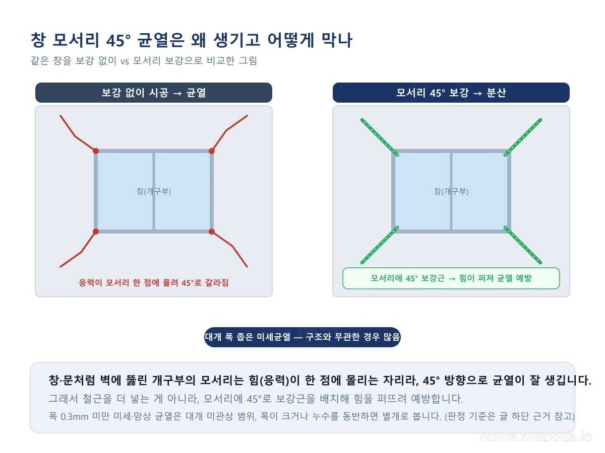 같은 창을 보강 없이 시공했을 때와 모서리를 45도로 보강했을 때로 비교한 그림입니다. 개구부 모서리는 힘이 한 점에 몰리는 자리라 45도로 갈라지기 쉽고, 그 모서리에 보강근을 넣어 힘을 퍼뜨리면 균열을 예방합니다. (이해를 돕기 위한 그림)