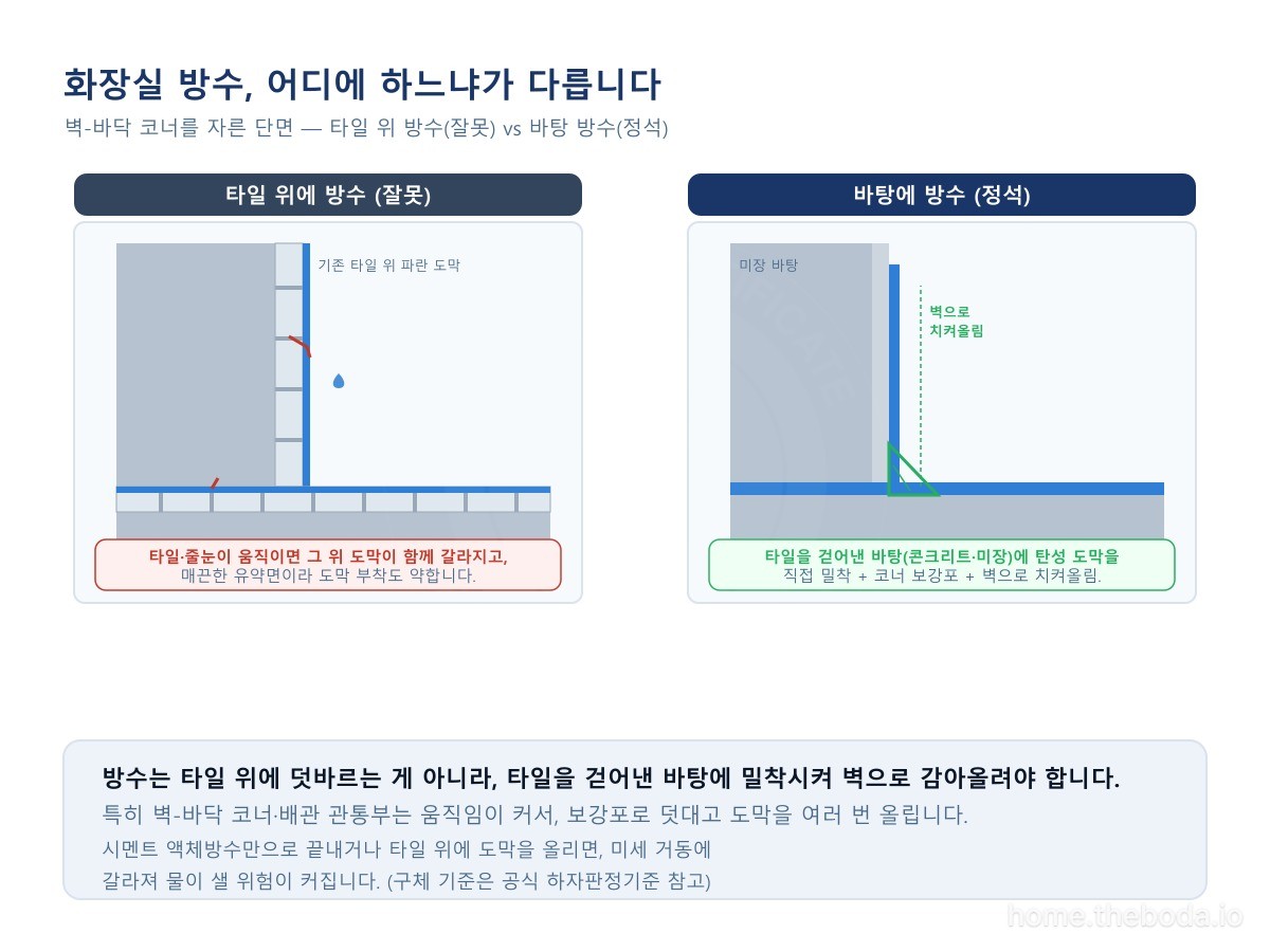 벽-바닥 코너를 자른 그림입니다. 왼쪽처럼 타일 위에 도막을 올리면 타일·줄눈을 따라 갈라지고, 오른쪽처럼 타일을 걷어낸 바탕에 탄성 도막을 직접 밀착시키고 코너를 보강포로 덧대며 벽으로 치켜올려야 합니다. (이해를 돕기 위한 그림)