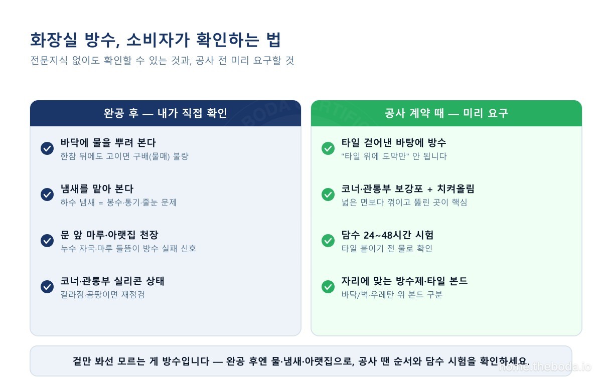 완공 후 내가 직접 확인할 것과, 공사 계약 때 미리 요구할 것을 정리했습니다. 전문지식 없이도 물·냄새·아랫집으로 확인하고, 공사 땐 순서와 담수 시험을 요구하면 됩니다. (이해를 돕기 위한 그림)