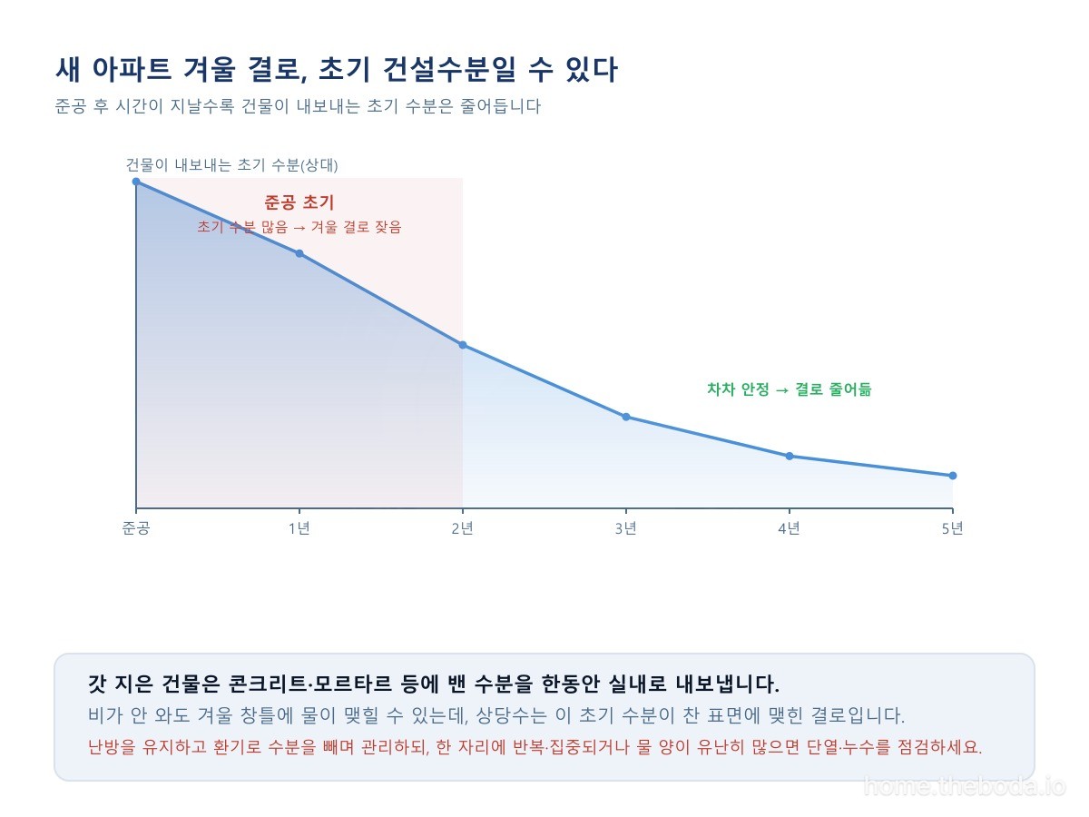 새 건물은 콘크리트·모르타르 등에 밴 수분을 한동안 내보내, 초기 몇 해 겨울에 실내 습도가 높습니다. 이 수분은 건조되며 대체로 줄어듭니다. (이해를 돕기 위한 그림)