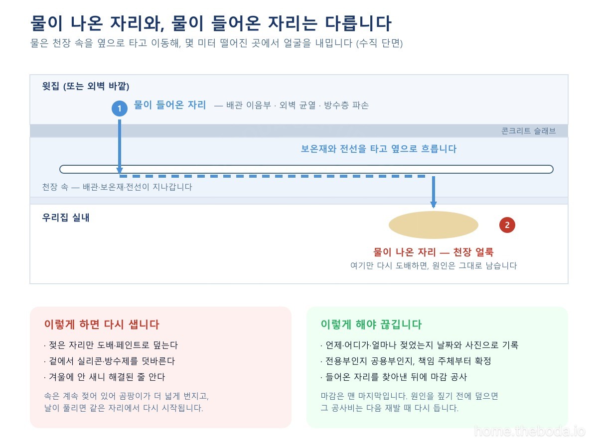 물이 들어온 자리에서 천장 속을 타고 옆으로 이동해, 몇 미터 떨어진 곳에서 얼룩으로 나타나는 경로입니다. (이해를 돕기 위한 단면 그림)