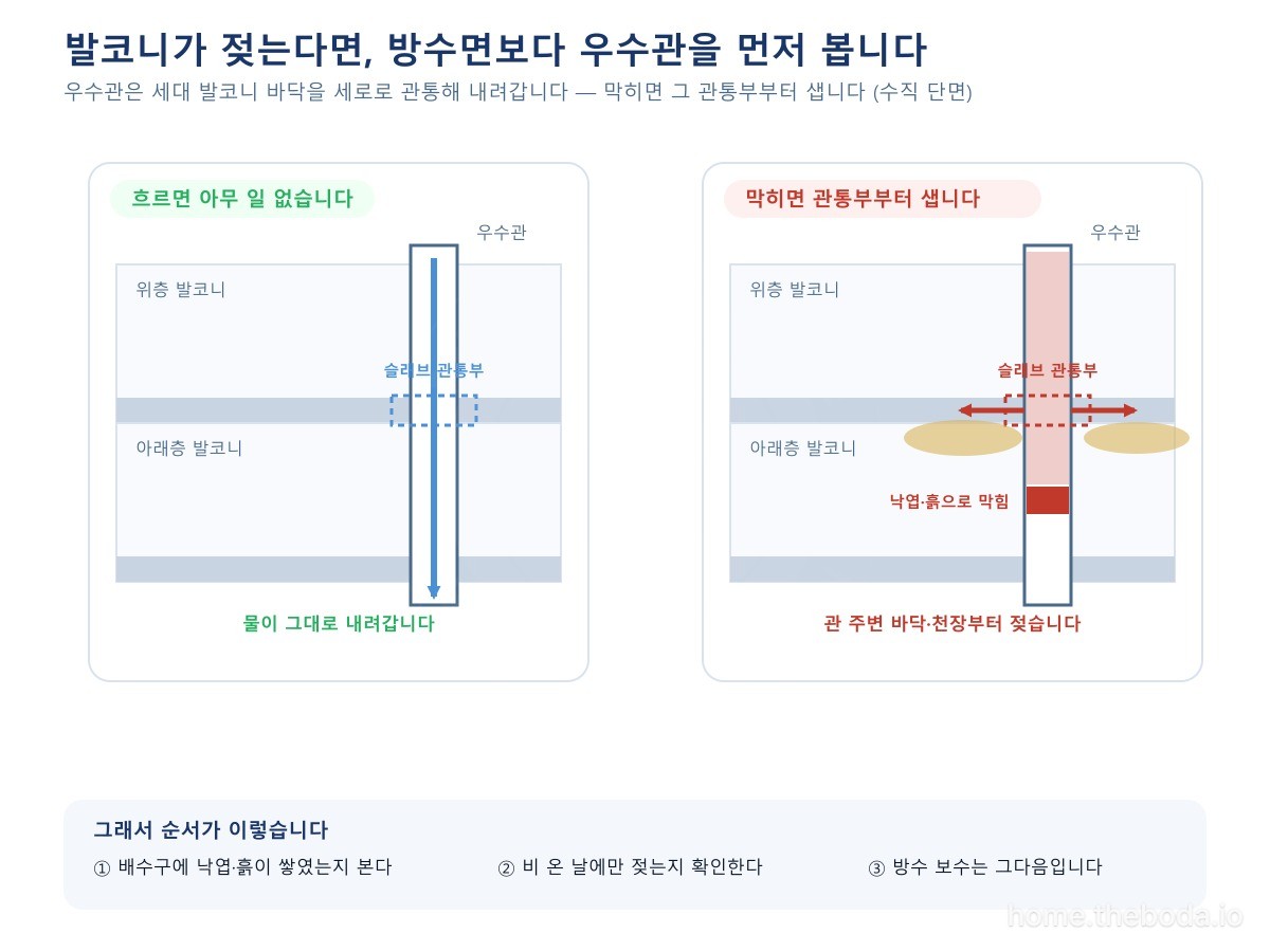 우수관이 막히면 물이 차올라 슬래브 관통부부터 새어 나옵니다. 방수면 한복판이 아니라 관 주변부터 젖는 이유입니다. (이해를 돕기 위한 단면 그림)