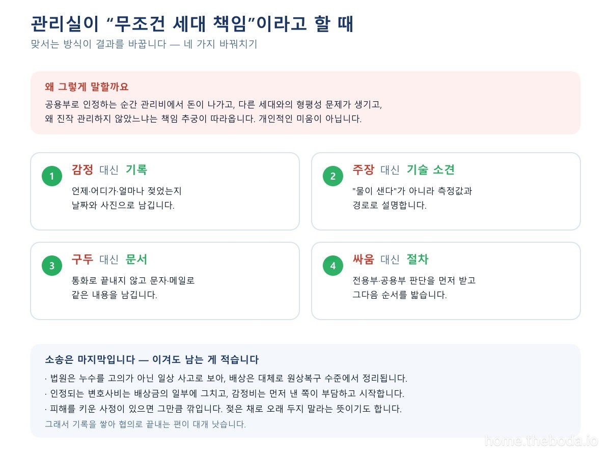 관리실이 왜 그렇게 말하는지와, 감정·주장·구두·싸움을 무엇으로 바꿔야 하는지 정리한 것입니다. (이해를 돕기 위한 그림)