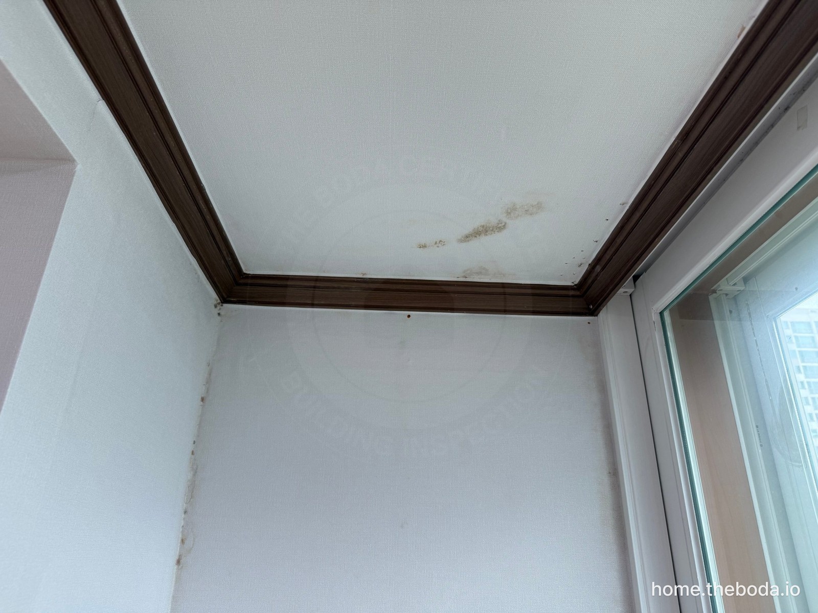 실제 현장 사진: 벽과 천장 코너 주변의 곰팡이 흔적. 사진만으로 누수 여부를 단정하지 않았습니다.