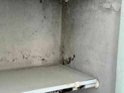 실제 현장 사진. 발코니 2 창고장 안쪽 벽과 코너의 곰팡이 및 수분 흐름 흔적을 확인했습니다.
