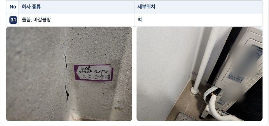 실제 완료 보고서 31번 항목 발췌입니다. 벽의 들뜸·마감불량 분류와 같은 실외기실 사진을 함께 담고 기록자 이름과 제품 표시를 제외했습니다.